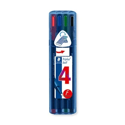 Abbildung von STAEDTLER Kugelschreiber Triplus Ball, ergonomischer Dreikantschaft, Linienbreite F, wischfest, Box mit 4 brillanten Farben, 437 FSB4