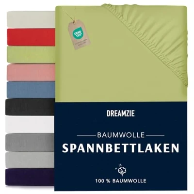 Abbildung von Dreamzie Spannbettlaken 80x190/200cm Baumwolle Oeko Tex Zertifiziert Grün 100% Jersey Spannbetttuch 80x190/200