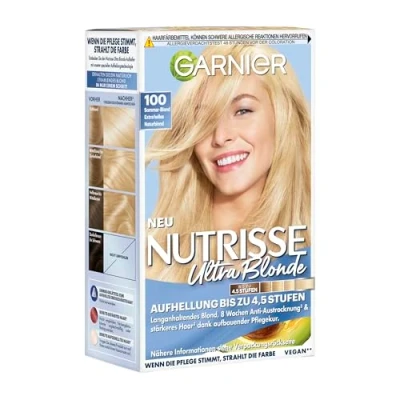 Abbildung von Garnier Nutrisse Creme Nr. 100 Extra Helles Naturblond, dauerhafte Pflege Haarfarbe, mit nährenden Fruchtölen, 100% Grauabdeckung