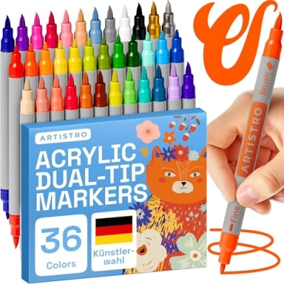 Abbildung von Artistro Acrylfarbenstifte, Kunstset, Acrylfarbenmarker mit Doppelspitze, Acrylmarker für Stoff, Leinwand, Stein, Glas, Holz, Papier, Heimwerken (Doppelspitze + fein, 36)