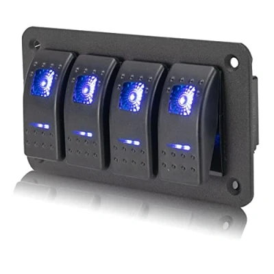 Abbildung von 4 Gang Wippschalter Panel 12V/24V Schalter 5 Polig EIN Aus Kippschalter Wasserdicht mit Blauem LED Licht und DIY Aufkleberetiketten für Boot Auto Marine Caravan Yacht LKW Wohnmobil