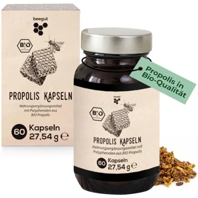 Abbildung von beegut BIO Propolis Kapseln mit Extrakt in pflanzlicher Kapsel, das Schutzharz der Bienen, nachhaltige Verpackung 60