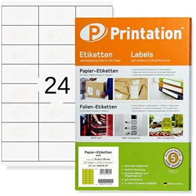 Abbildung von Printation Universal Etiketten 70 x 35 mm 600 selbstklebend bedruckbar 70x35 auf 25 DIN A4 Bogen zu 3x8 24 Labels/Sticker pro Blatt Adressetiketten 4429 3422 LA130