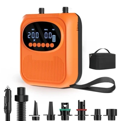 Abbildung von Mojimdo Elektrische SUP Pumpe 20PSI, mit Akku, 5 Modi &amp; Custom Modus, Kompakt Trageschlaufe, Auto Off Pa/PSI Umschaltung, Luftpumpe für Kajaks, Zelte, Matratzen, Schwimmringe