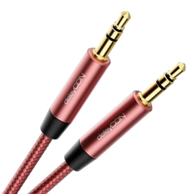 Abbildung von deleyCON 1m Nylon 3,5mm Klinke Audio Stereo AUX Kabel Klinkenkabel Audiokabel Nylonkabel Metallstecker Handy Smartphone Tablet Kopfhörer HiFi Receiver Rot/Rosa