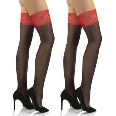 Abbildung von sesto senso Halterlose Strümpfe mit Rote Spitze 2er Pack 15 DEN Feinstrümpfe Damen 3/4 M/L Schwarz
