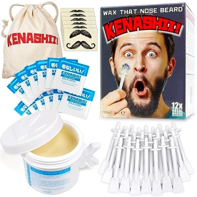 Abbildung von Kenashii Nasenwachsset 100g Nasenhaarwachs, 24 Applikatoren, 12 Balsamtücher nach dem Waxing und Schnurrbartschützer Nasenwaxing für Männer Frauen Nasenhaarentferner Nasenhaarentfernungsset