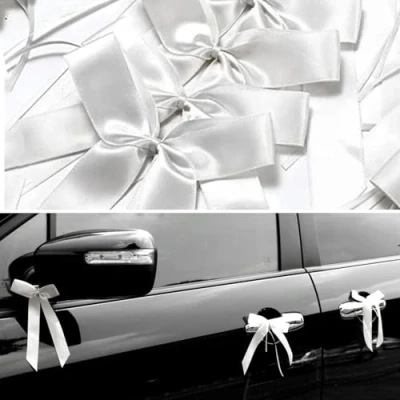 Abbildung von 50 Autoschleifen Hochzeit Handgemacht Satinband Antennenschleifen Einfaches Binden am Auto Weiß 25x12cm