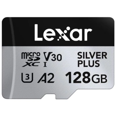 Abbildung von Lexar Silver Plus Micro SD Karte 128GB, Bis zu 205 MB/s Lesegeschwindigkeit, 150MB/s Schreibgeschwindigkeit, Speicherkarte mit Adapter, UHS I, A2, U3, V30, Klasse 10, 4K UHD microSDXC