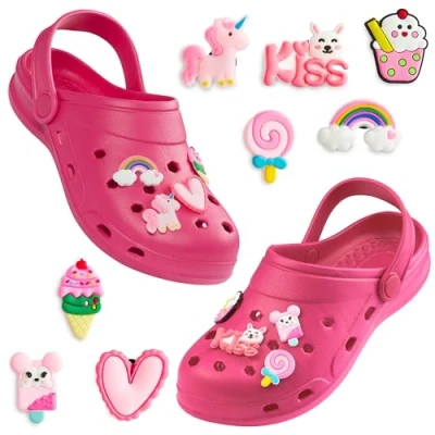 Abbildung von CityComfort Clogs Kinder, Gartenschuhe Badeschuhe Jungen mit abnehmbaren Anhängern (Pink, 31/32 EU)