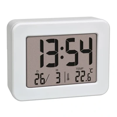 Abbildung von TFA Dostmann Mini Wecker mit Temperatur, 60.2044.02, Tischuhr, batteriebetrieben, inkl Datum und Weckalarm, Reisewecker, klein, weiß
