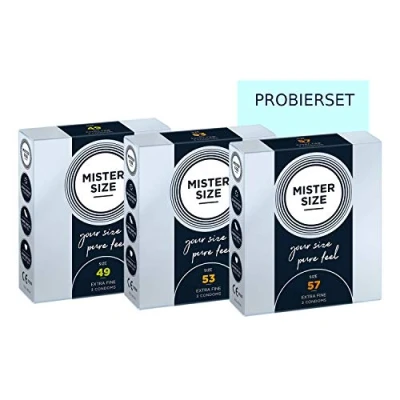 Abbildung von MISTER SIZE Kondome gefühlsecht hauchzart (49 53 57 mm) 3x3 Probierset/extra dünn, extra fein, feucht/aus 100% Naturkautschuk Latex in deiner Größe S L &quot;engere Auswahl&quot;
