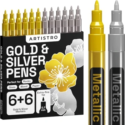 Abbildung von Artistro 12 Gold und Silver Metallic Acrylstifte Marker Set für Fels, Steine, Keramik, Glas, Holz, Stoff, Leinwand, Metall, Stiften auf Wasserbasis, Extra Feine Spitze 0,7 mm