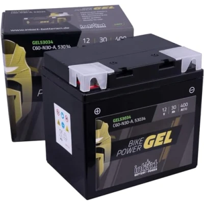 Abbildung von intAct GEL MOTORRADBATTERIE Batterie mit +30% Startleistung. Für Roller, Motorrad, Quad, Rasentraktor Bike Power GEL53034, C60 N30 A, 53034, 12V Batterie, 30 AH (c20), 400 A (EN) Maße: 178x124x166mm