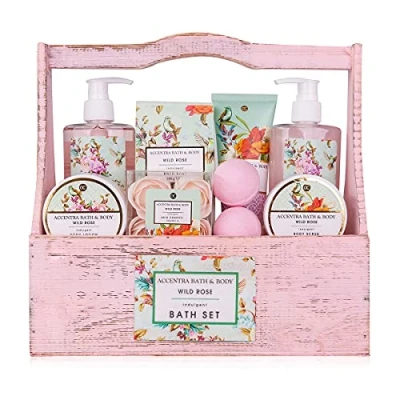 Abbildung von Accentra Duschset Frauen Geschenkset im Holzkorb 8 teiliges Pflegeset mit Duschgel, Bodylotion, Badezusätzen, Peeling &amp; Handcreme Wellness Geschenk Set zum Geburtstag, Valentinstag Weihnachten