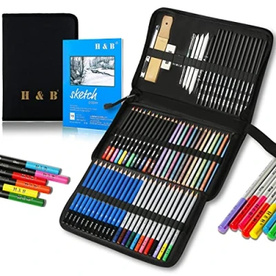 Abbildung von H &amp; B 72 Stück Zeichenstifte, Buntstifte und Skizzenstifte Set mit Zeichnungs Werkzeug in Pop Up Etui Reißverschluss