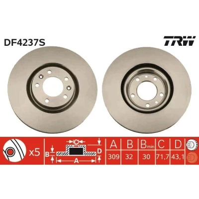 Abbildung von TRW DF4237S Bremsscheibe 309 32 5 108 Belüftet PEUGEOT: 607 Saloon