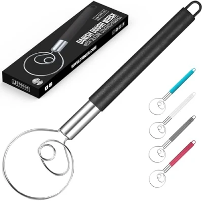 Abbildung von ORBLUE Handmixer Dänischer Schneebesen aus Edelstahl mit Silikonüberzug für Backen, Pizza und Brotteig, inklusive Teigschaber