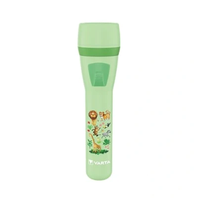 Abbildung von Varta Taschenlampe für Kinder inkl. 2x AA Batterien, Kids Leuchte, kleine Kindertaschenlampe Dschungel Design mit Tieren, Taschenleuchte, grün