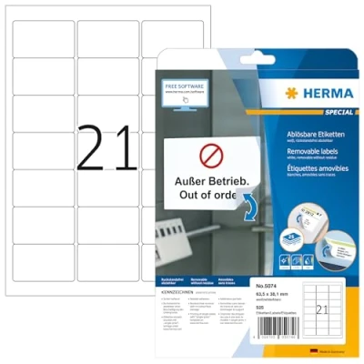 Abbildung von HERMA 5074 Universal Etiketten ablösbar, 25 Blatt, 63,5 x 38,1 mm, 21 pro A4 Bogen, 525 Stück, selbstklebend, bedruckbar, matt, blanko Papier Klebeetiketten Aufkleber, weiß