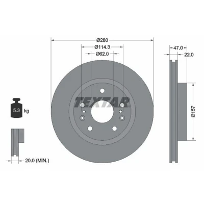 Abbildung von TEXTAR PRO 92268303 Bremsscheibe 280 22 05/09 114,3 innenbelüftet beschichtet ohne Radlager, Radbefestigungsbolzen, Radnabe