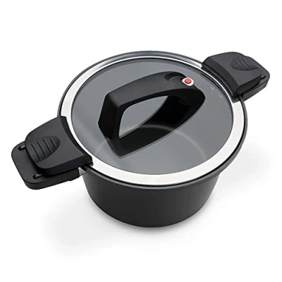 Abbildung von GSW Nero Energiespartopf Gourmet hochwertiger Kochtopf mit Deckel, ideal für energiesparendes und schnelles Kochen, Antihaftbeschichtung Schwarz, Aluminium, 22 cm, 6 Liter, Glas, Kunststoff, 24 cm