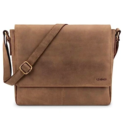 Abbildung von LEABAGS Messenger Bag, GENT Echtleder Aktentasche Herren &amp; Damen, Leder Laptoptasche bis 14 Zoll, Umhängetasche mit Schultergurt