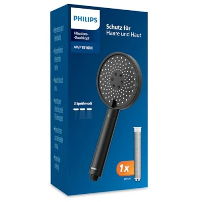 Abbildung von Philips Duschkopf mit Wasserfilter, Schutz für Haut &amp; Haare, entfernt effektiv Chlor und andere große Partikel, drei Sprühmodi, 1 Monat Filterkapazität, Schwarz