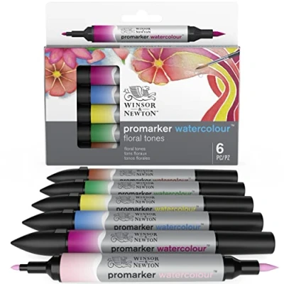 Abbildung von Winsor &amp; Newton 0290166​ ProMarker Aquarellmarker 2 Spitzen, Pinsel und feiner Spitze, lichtecht, hochpigmentierte Aquarellfarben im Marker für Kalligrafie, Zeichnungen, 6 Farben Set Blumige Töne