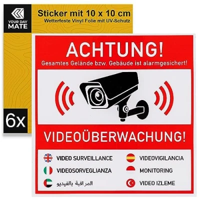 Abbildung von Aufkleber Set &quot;ACHTUNG! VIDEOÜBERWACHUNG!&quot;, 6 Stück, 10 x cm, selbstklebende Folie, Warnhinweis Sticker Innen und Außenbereich, Video Überwachung Klebesticker, Kamera Hinweisschild in 7 Sprachen