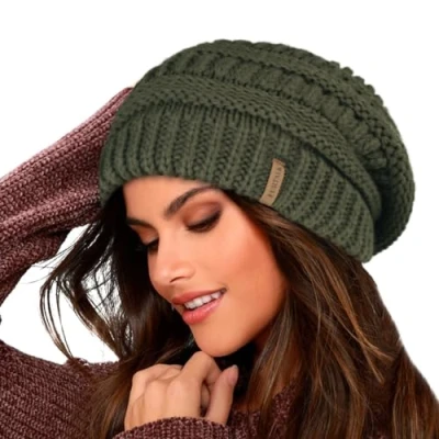 Abbildung von FURTALK Damen Beanie Mütze Warme Wintermütze mit Weichem Innenfutter Gefütterte Strickmütze,Kiefer grün,Einheitsgröße