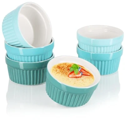 Abbildung von COM FOUR® 6x Soufflé Förmchen Creme Brulee Schälchen aus Keramik Ofenfeste Dessertschale und Pastetenförmchen für z.B. Ragout Fin je 200 ml in verschiedenen Grüntönen