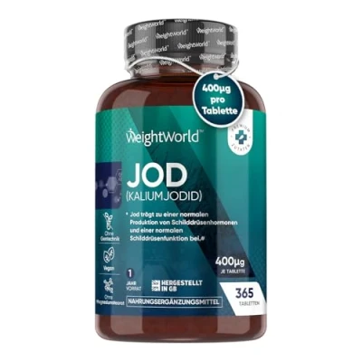 Abbildung von Jod Tabletten 400µg pro Tablette unterstützt Schilddrüsenfunktion, Haut &amp; Stoffwechsel 365 Kaliumjodid 1 Jahresvorrat Alternative zu Kelp Jodid Tropfen Veganes Iodine WeightWorld