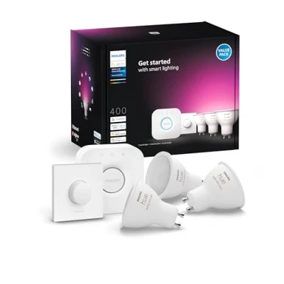 Abbildung von Philips Hue GU10 smarte Lampe, weißes und farbiges Licht, 3er Pack mit Smart Button Bridge, Bluetooth kompatibel, Sprachsteuerung Alexa, Apple Home Google Assistant