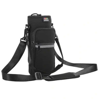Abbildung von Nuovoware Flaschenhalter Trinkflasche Molle Beutel 25oz/710ml, Isolierte Neopren Kessel mit Schultergurt und Front Reißverschluss Tasche für Wandern Laufen Radfahren Jagd Reisen Schwarz