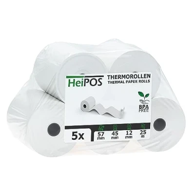 Abbildung von HeiGroup HeiPOS 50x Thermorollen BPA frei (B/Ø) 57mm / 45mm Länge 25m, Kern Ø 12mm, Flächengewicht 52 g/m2, Dicke 60 µm, 10 Jahre Haltbarkeit
