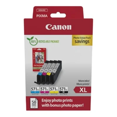 Abbildung von Canon CLI 571 XL C M Y BK Vorteilspack 4 Tintenpatronen größere Reichweite (Schwarz XL, Cyan Magenta Gelb XL) Original [Umweltfreundliche Recycle Kartonverpackung 2024]