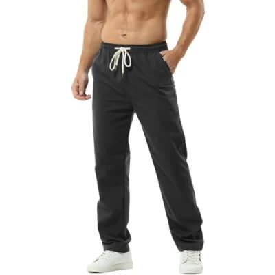 Abbildung von HOEREV Men Casual Strandhosen Leinen Hose Gr. XXXL (Taille 45 47 zoll), Schwarz