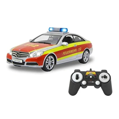 Abbildung von JAMARA 405127 Mercedes Benz E 350 Coupe Feuerwehr Silber/rot 1:16 2,4G deutsche Sirene, Alarmanlage, Start, Beschleunigungs, Brems, Zusperr Ton, Hupe, Signalleuchte, 4 Geschwindigkeiten