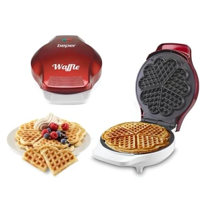Abbildung von Beper 90.602 Waffle Waffeleisen, 5 Waffeln gleichzeitig, Antihaftteller 18 cm, 800 100 W Rot/Weiß, Kunststoff