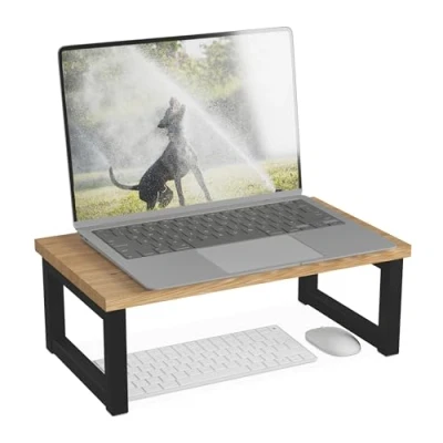 Abbildung von Relaxdays Monitorständer, Bildschirmerhöhung für Schreibtisch, HxBxT: 15 x 40 23 cm, Industrial Design, Natur/schwarz