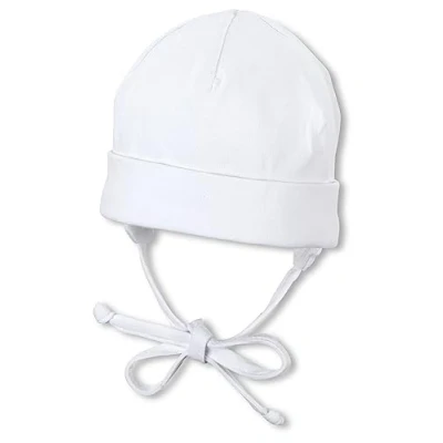 Abbildung von Sterntaler OCS Beanie uni Baby Mütze aus Singlejersey (Bio) Unisex Kopfbedeckung mit Umschlag und Ohrenklappen Kinder Übergangsmütze zum Binden ab Geburt, weiß, Größe 39