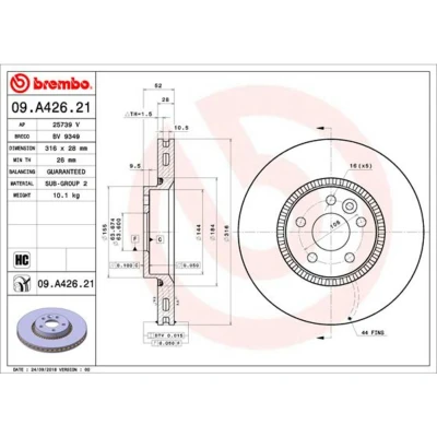 Abbildung von BREMBO 09.A426.21 Bremsscheibe 316 28 5 innenbelüftet beschichtet hochgekohlt VOLVO: V60 I, S60 II, S80 II