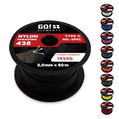 Abbildung von GO!elements 50m Paracord Seil aus reißfestem Nylon 3mm 425 Typ II max. 192kg Schnüre als Outdoor Seil, Allzweckseil, Survival Armband, Hundeleine, Nylonschnur, Farbe:Schwarz