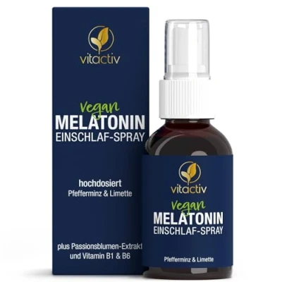 Abbildung von VITACTIV Melatonin Einschlafspray Pfefferminze &amp; Limette 385 Tage Vorrat, Hochdosiert Spray plus Passionsblumen Extrakt, Vitamine B1 und B6 Zuckerfrei Vegan 50ml Sofort