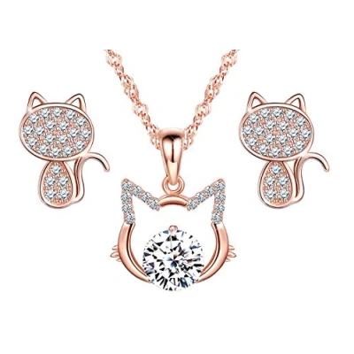 Abbildung von Yumilok Damen Ohrstecker Halskette Kette mit Katze Kätzchen Anhänger Zirkonia Solitär Ohrringe Creolen Schmucksets Set 925 Sterling Silber Geschenk für Frauen Mädchen Roségold