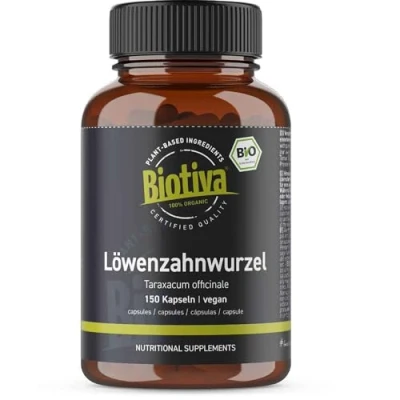 Abbildung von Löwenzahnwurzel Bio 150 Kapseln 450mg Löwenzahnwurzelpulver je Kapsel vegan Abgefüllt und kontrolliert in Deutschland Biotiva