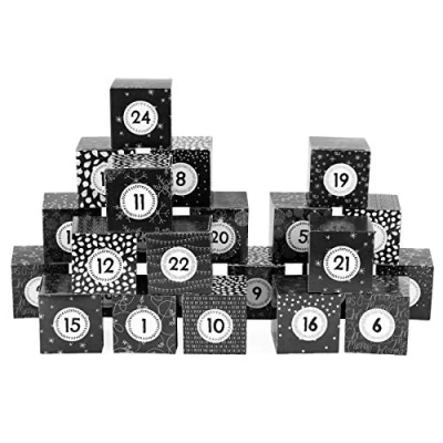 Abbildung von Papierdrachen DIY Adventskalender zum Befüllen Kisten Set Motiv Schwarze Tafeloptik 24 bunte Schachteln aus Karton Aufstellen und Boxen Weihnachten