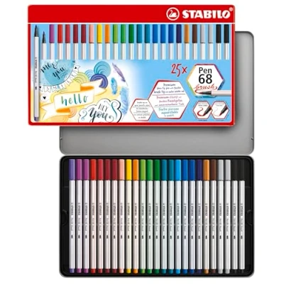 Abbildung von Premium Filzstift mit Pinselspitze für variable Strichstärken STABILO Pen 68 brush 25er Metalletui 19 verschiedenen Farben