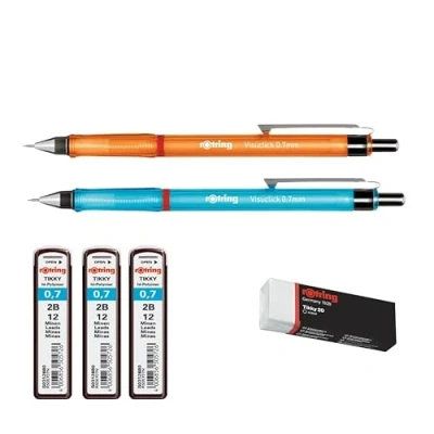 Abbildung von rOtring Visuclick Druckbleistift Set Stifte, Minen 0,7 mm, 2B Mine, lebendiger orangefarbener und blauer Schaft